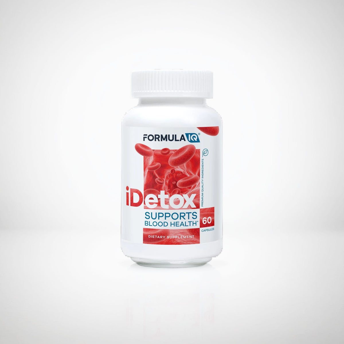 FIQ iDetox iron chelation and binding supplement, 60 capsules, on a light grey studio background